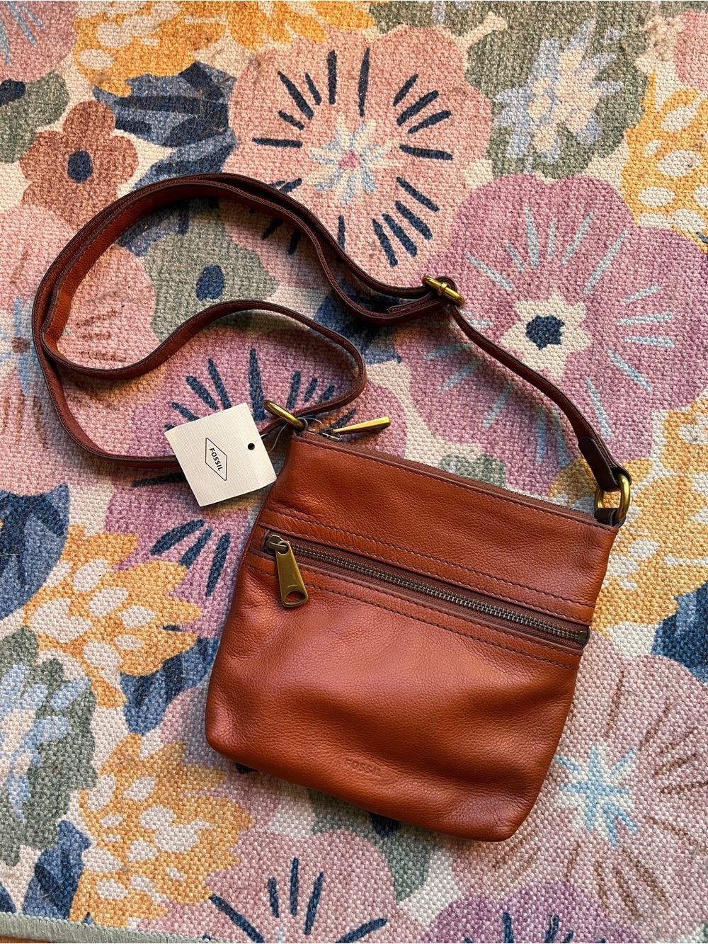 Fossil Leather Crossbody in Cognac Brown with Brass Accents